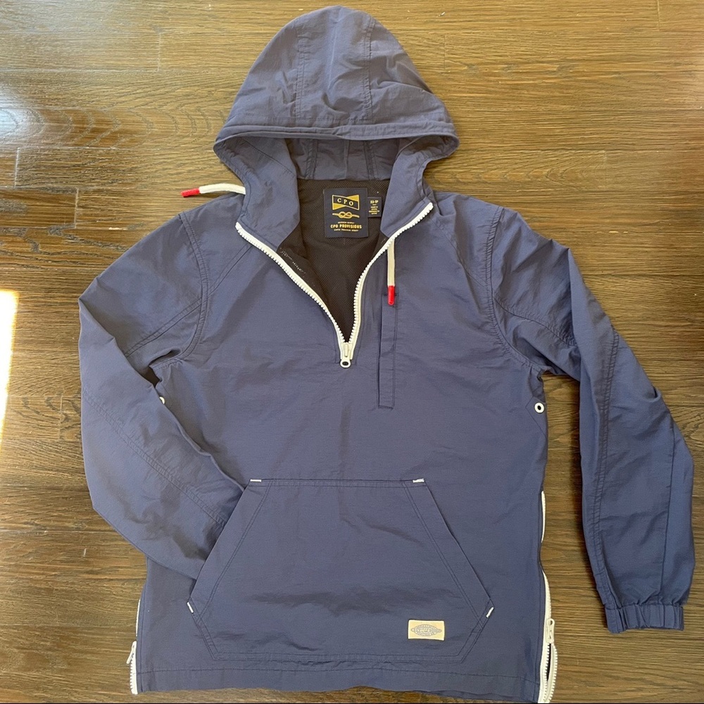 CPO Provisions Hooded 1/4 Zip Lined Rain Jacket Size XS Navy Blue Made In USA